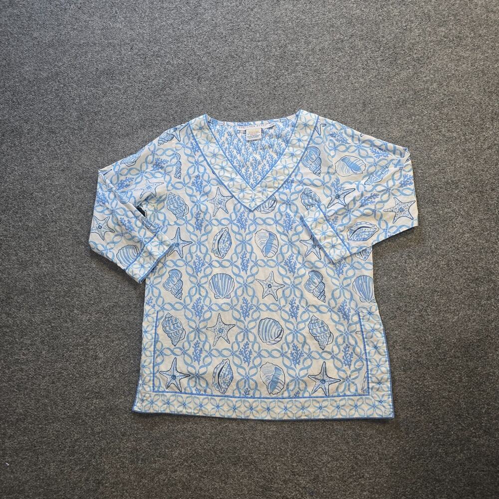 Gretchen Scott Top Women Size Large Blue White Shells Starfish Ocean Beach Tunic
